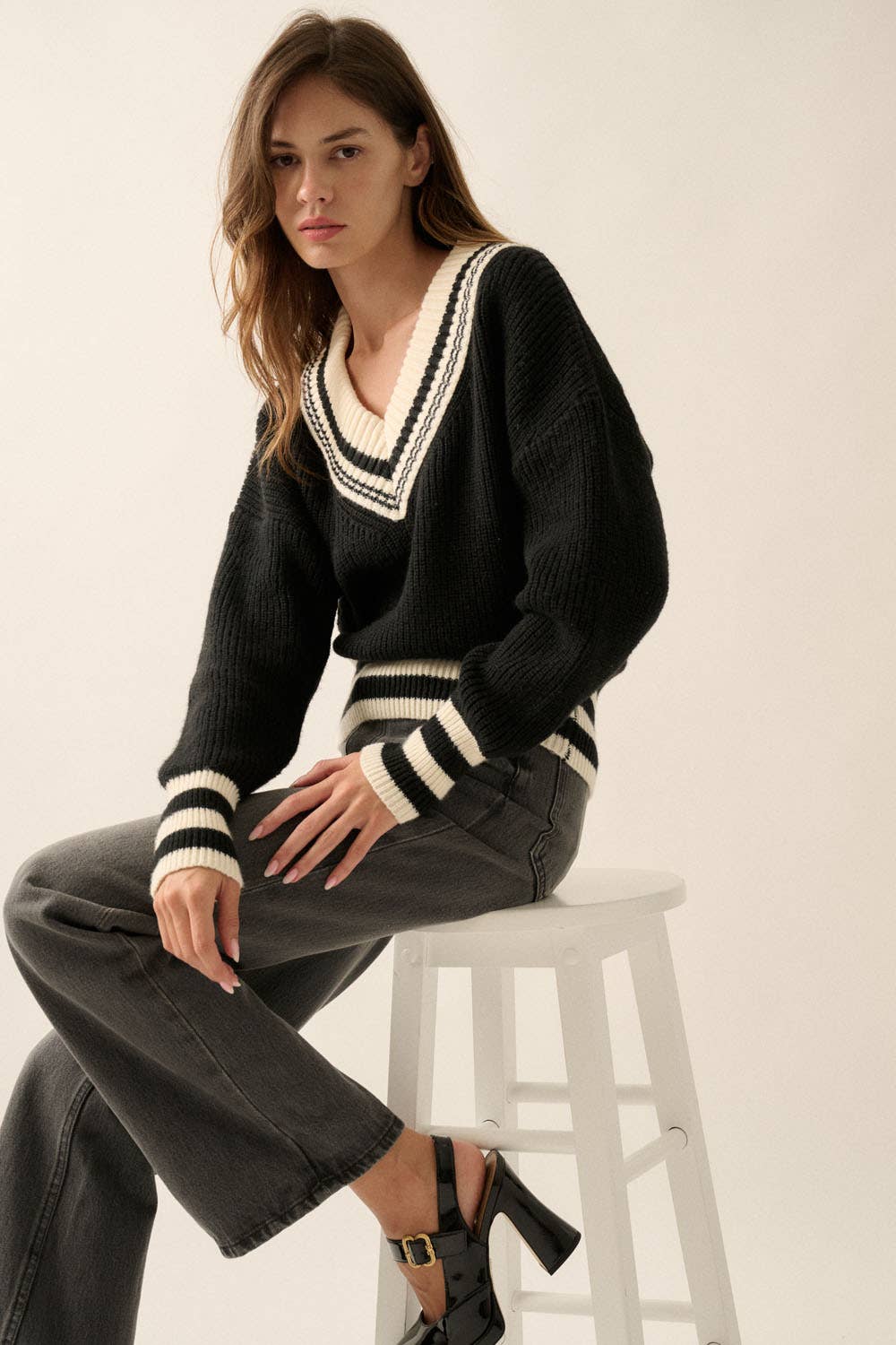 Solid Striped Rib-Knit Sweater