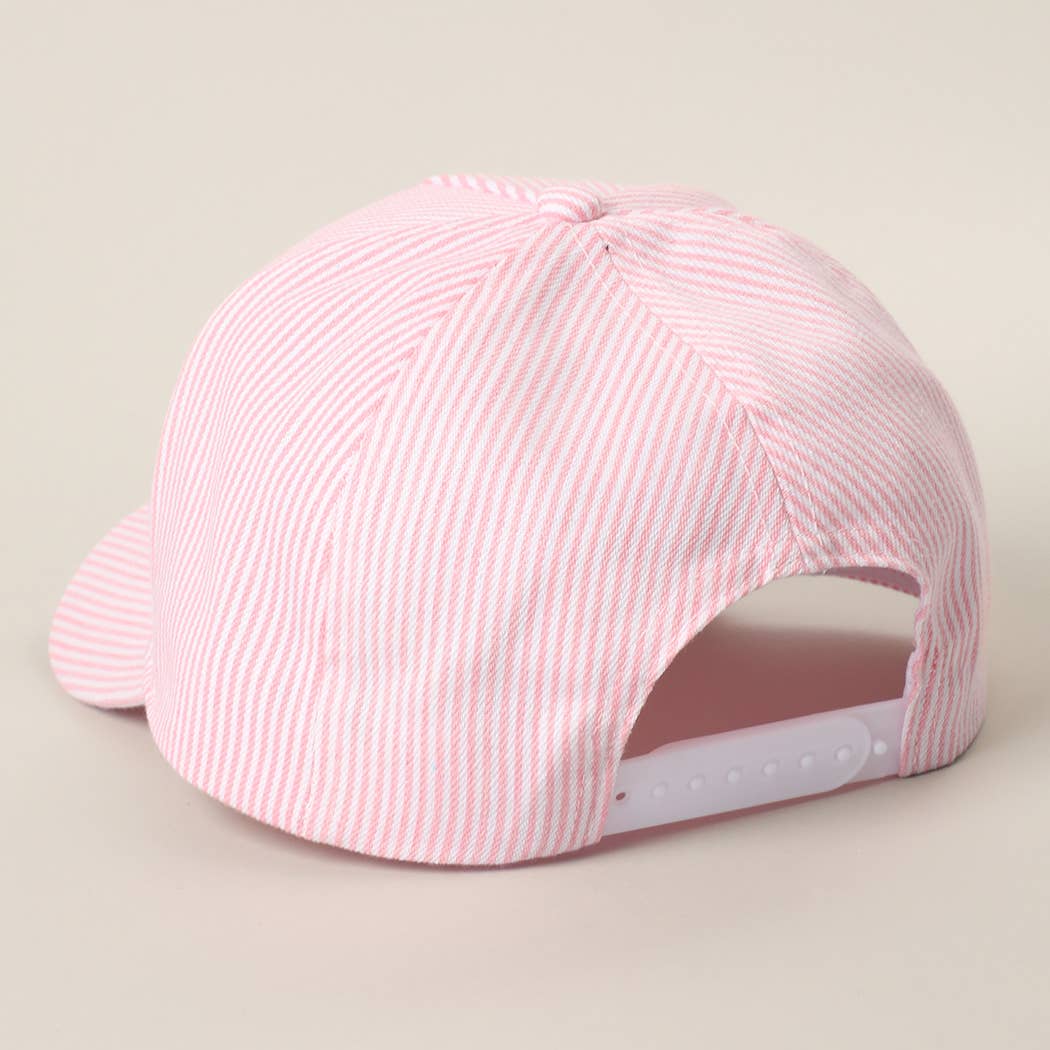 Fashion City - REALLY BUSY DILLY DALLYING Embroidered Seersucker Stripe Hat: PINK / ONE SIZE