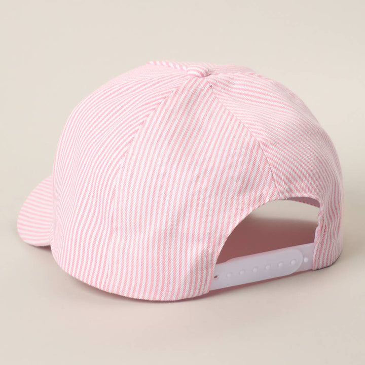 Fashion City - REALLY BUSY DILLY DALLYING Embroidered Seersucker Stripe Hat: PINK / ONE SIZE