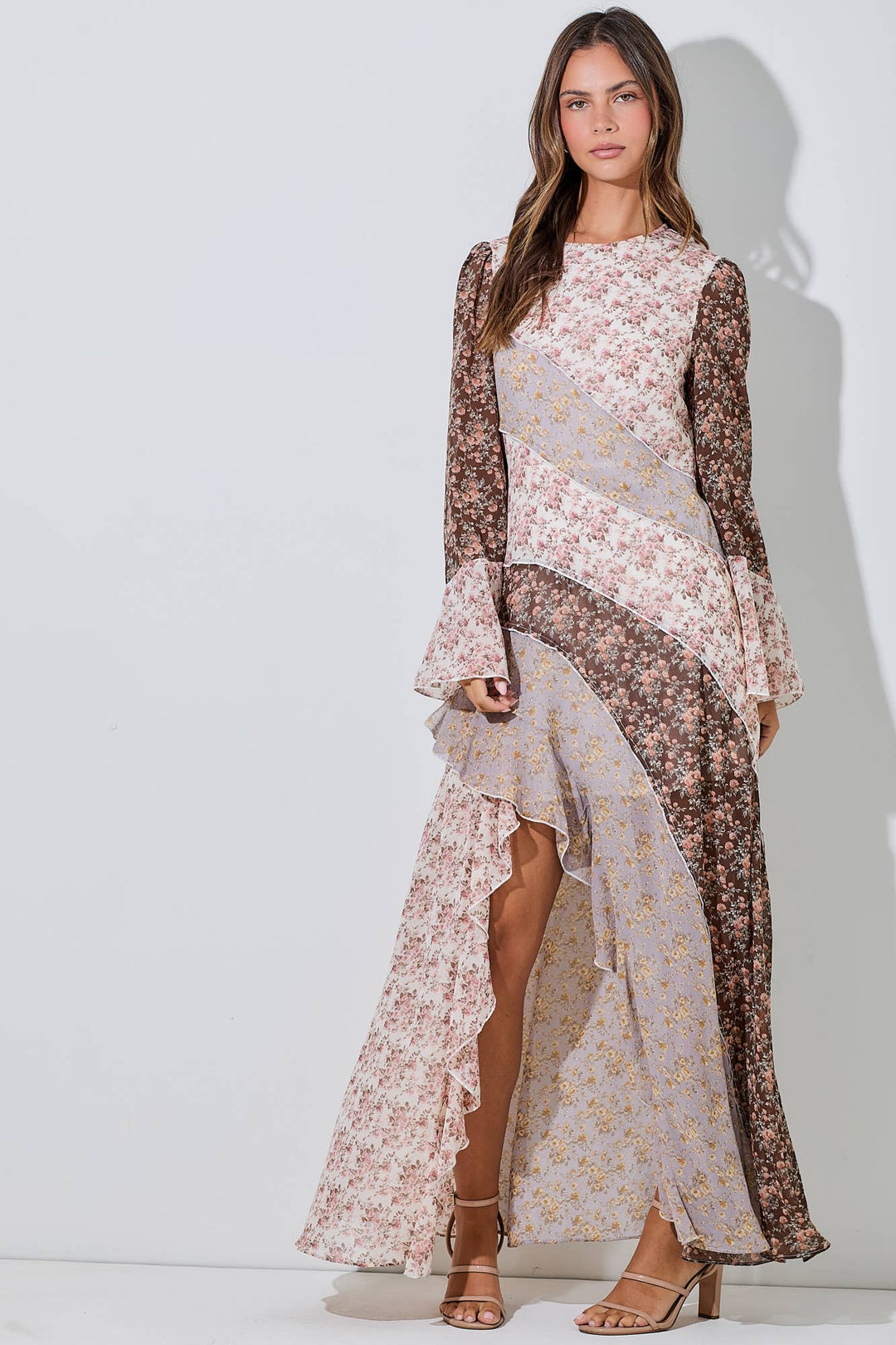 FLORAL CHIFFON RUFFLE MAXI DRESS