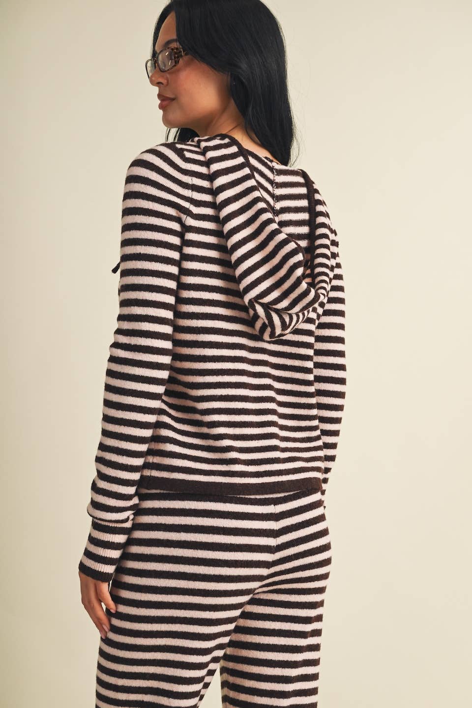 Striped Relaxed Zip Up Knit Sweater Hoodie: Choco Pink Stripe