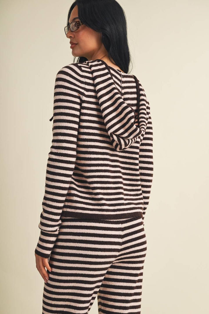 Striped Relaxed Zip Up Knit Sweater Hoodie: Choco Pink Stripe