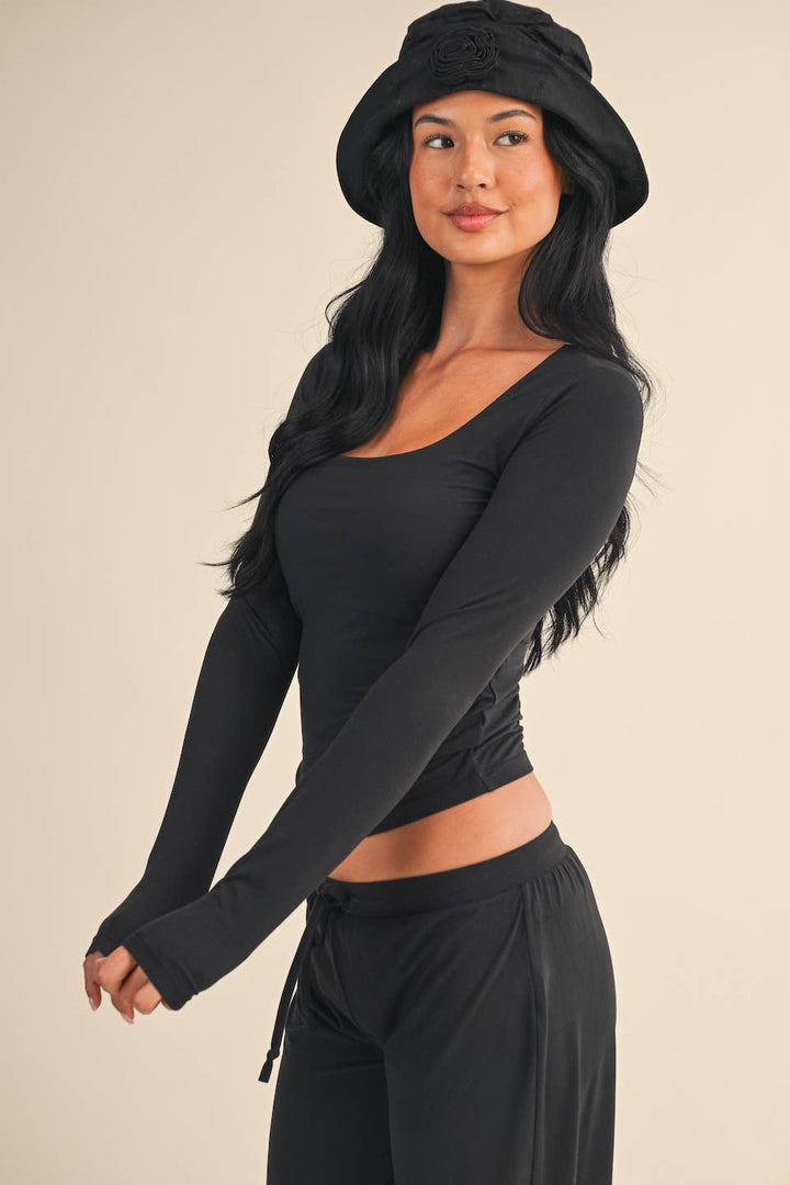 Soft Knit Black Square Neck Long Sleeve