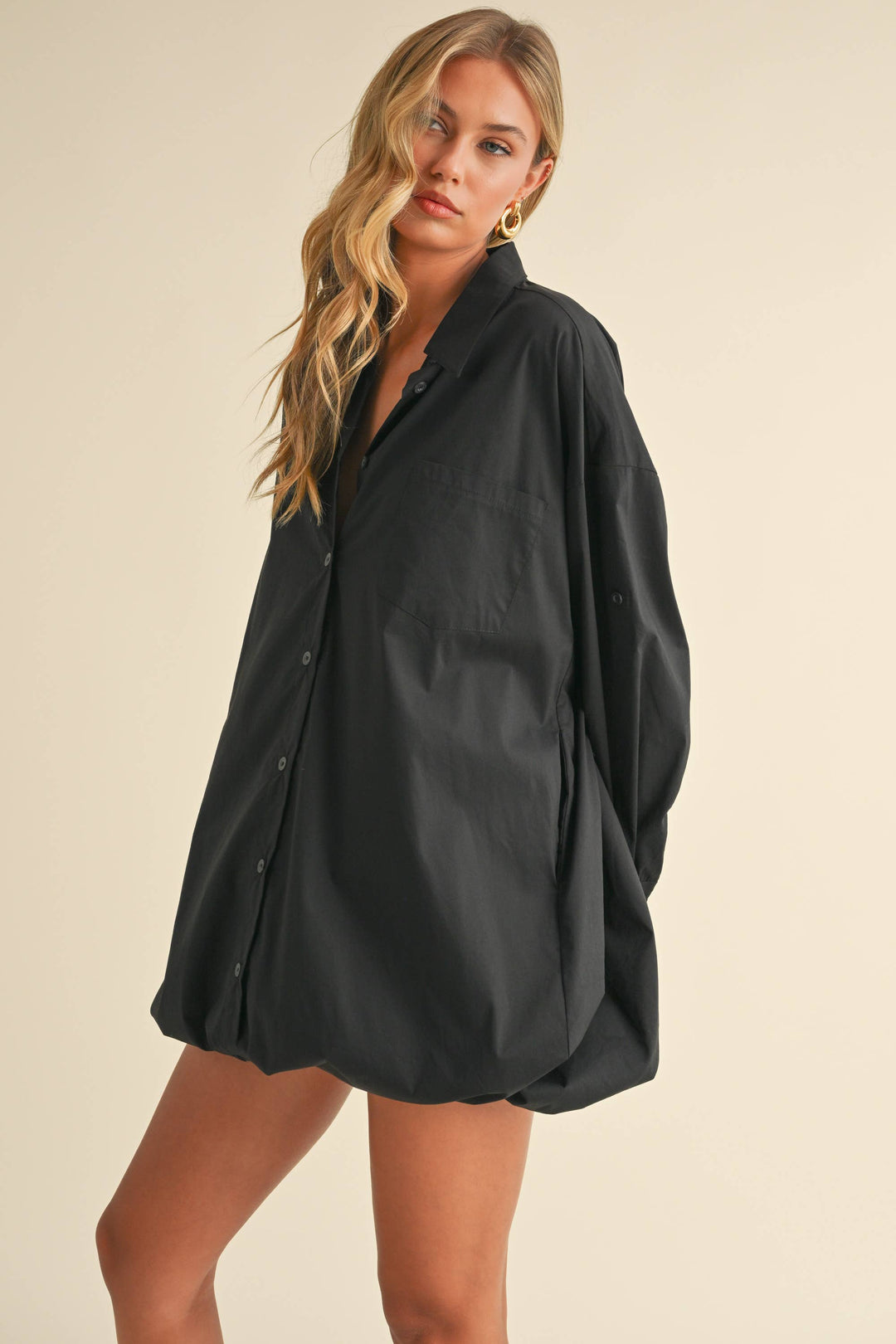 black oversized button front shirt dress Black Flared Shirt Dress With Sleeves Loose Fit Cotton Oversized Dress Casual Button Down Summer Dress for Women