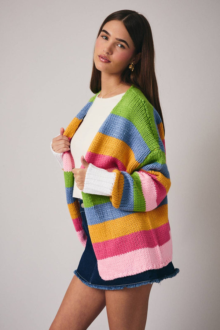 MULTI COLORED STRIPE CHUNKY SWEATER CARDIGAN