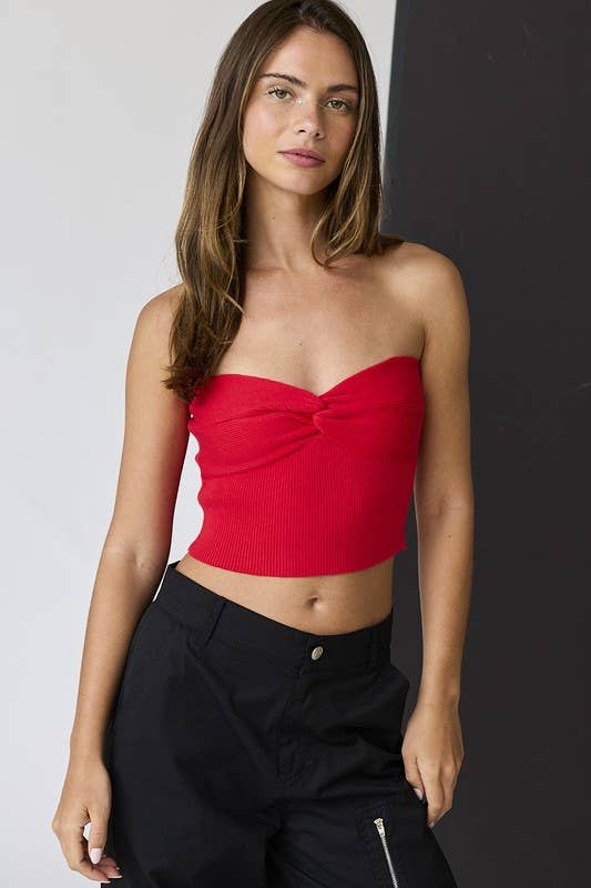 Stella Twist Front Rib Knit Bandeau Top: Red / L