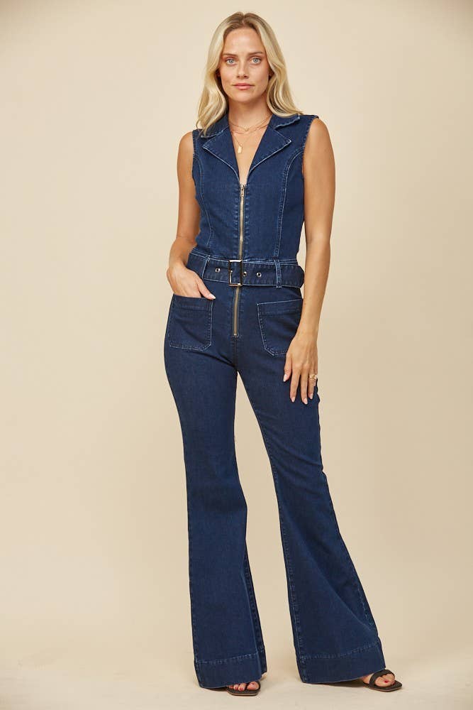 WISTERIA LANE - SLEEVELESS LONG DENIM BELTED JUMPSUIT - 4436 LIGHT DEN (Copy): MID DENIM / M