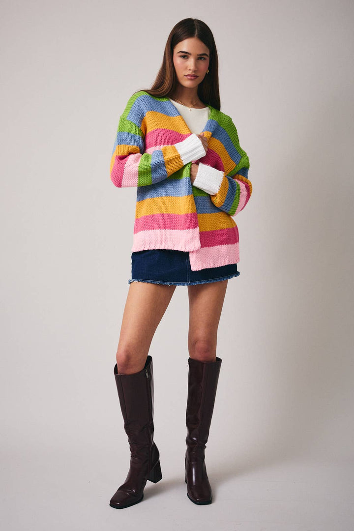 MULTI COLORED STRIPE CHUNKY SWEATER CARDIGAN