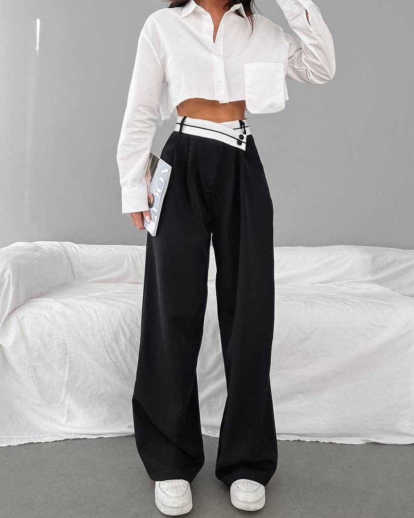 Black Split High Waist Wide Leg Loose Ladies Pant