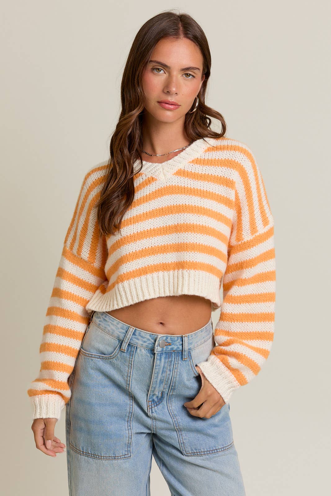 LONG SLEEVE V-NECK STRIPED CROPPED SWEATER- BUTTER