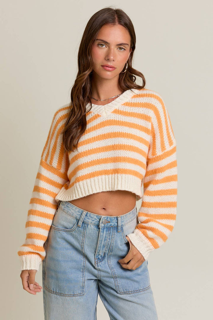 LONG SLEEVE V-NECK STRIPED CROPPED SWEATER- BUTTER