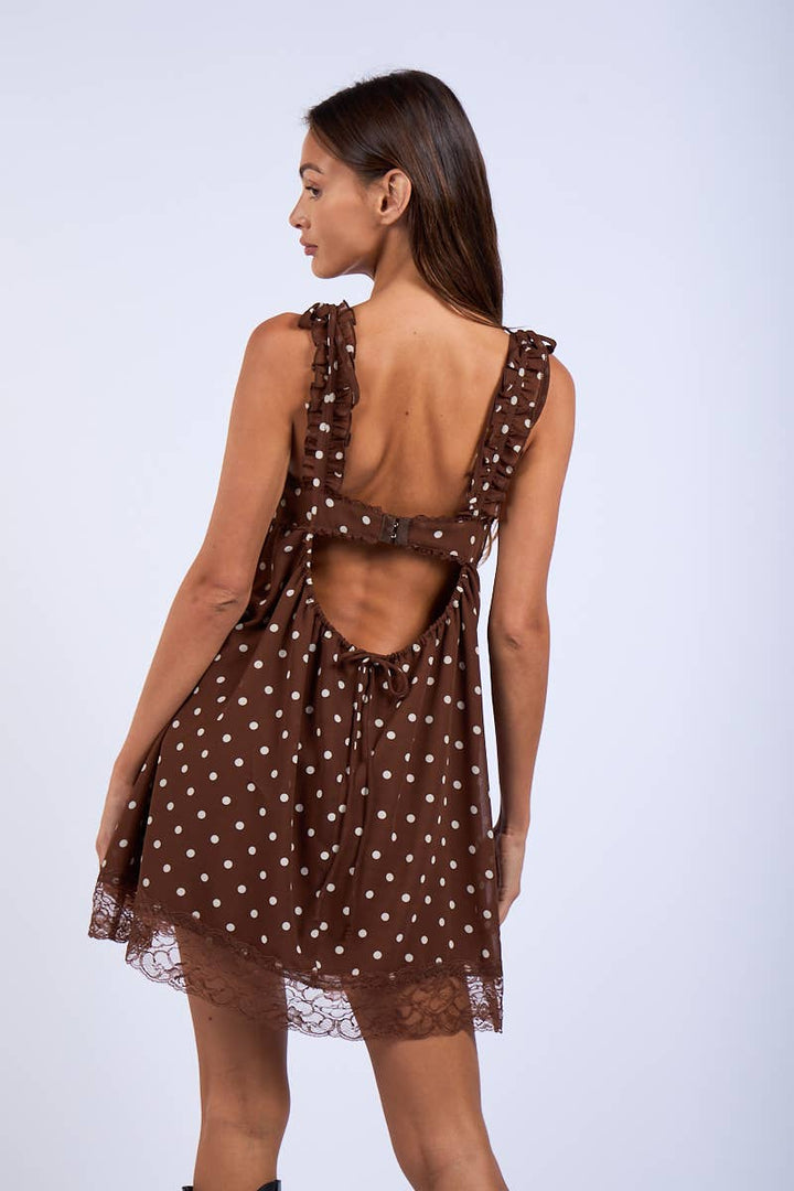 BROWN POLKA DOT RUFFLE LACE SWING MINI DRESS