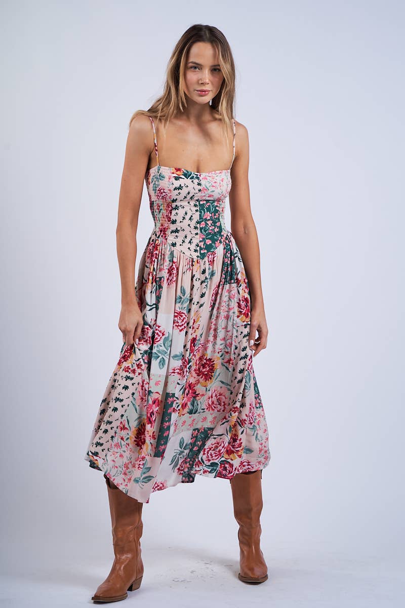 FLORAL PATCH PRINT SLEEVELESS SMOCKED MIDI DRESS