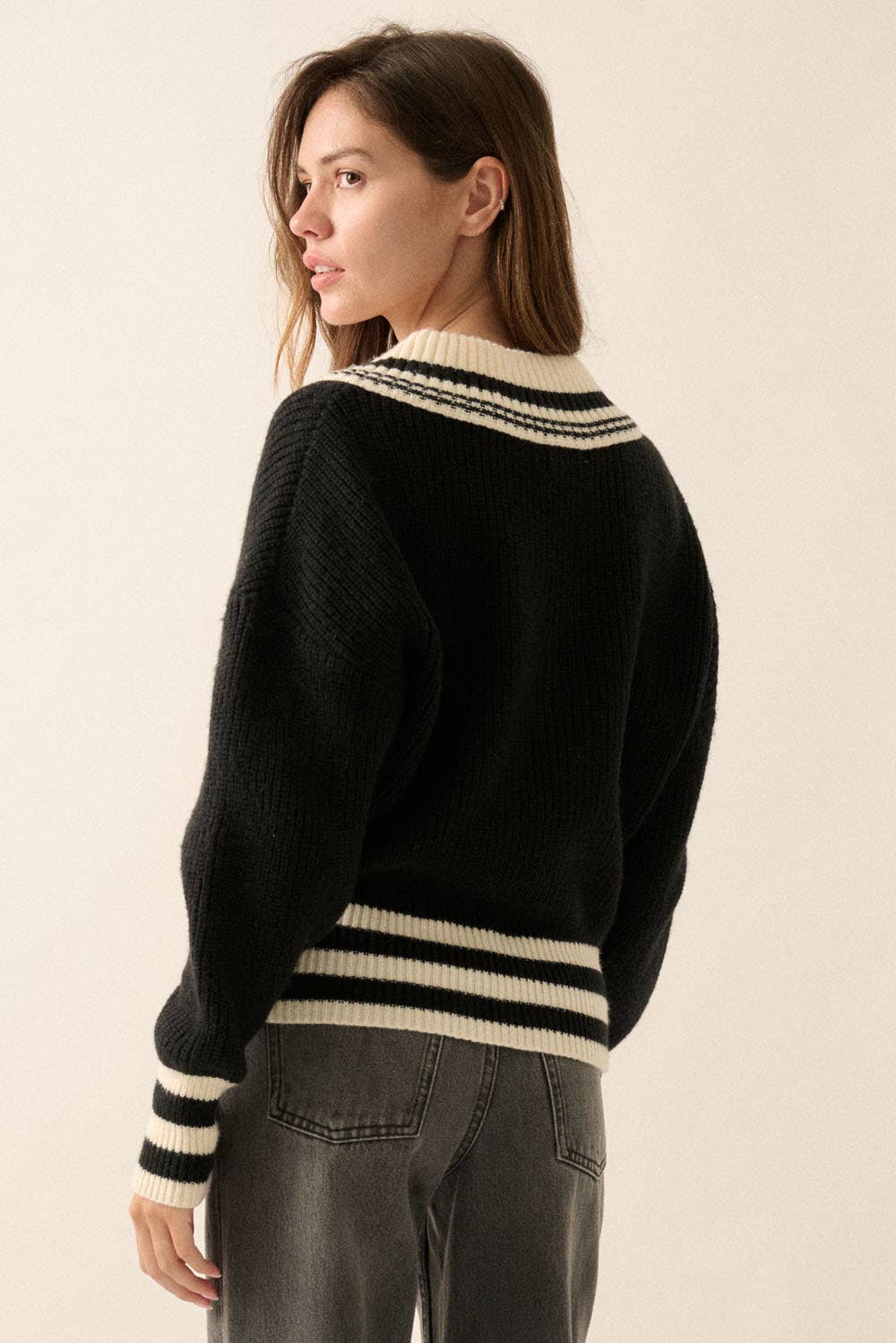 Solid Striped Rib-Knit Sweater