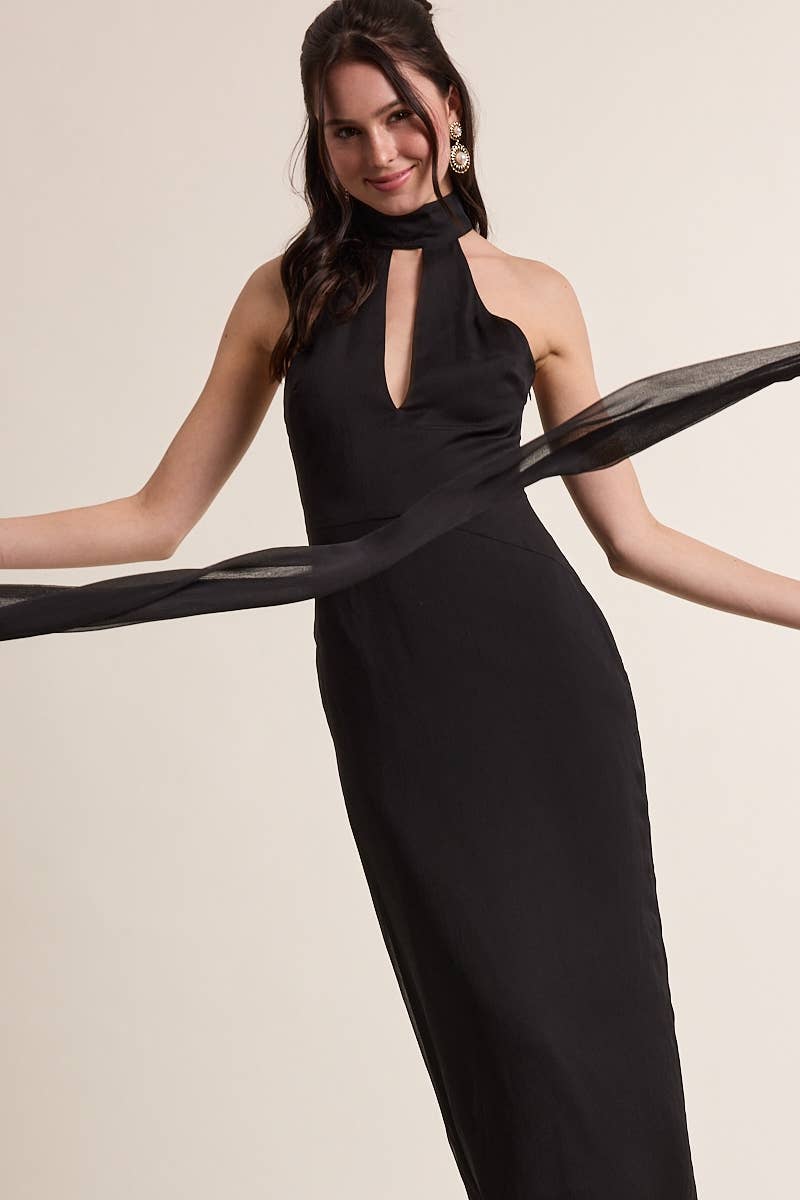 MESH SCARF POINT CUT OUT COCKTAIL MAXI DRESS: