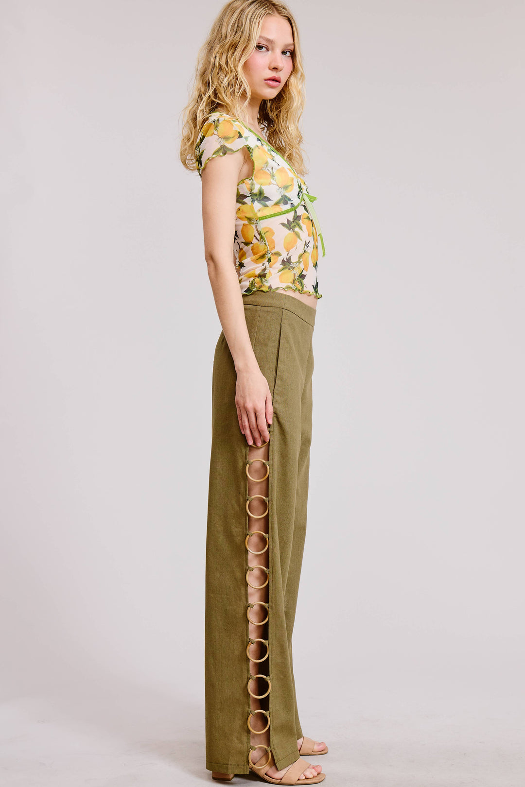 Linen Wide Leg Pants with Wooden Ring Accents