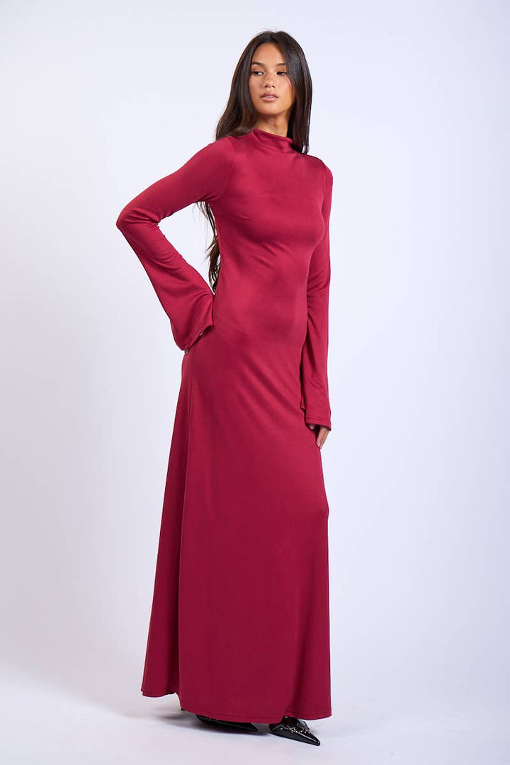 SOLID LONG SLEEVE OPEN BACK DOUBLE TIES MAXI DRESS ( Valentines)