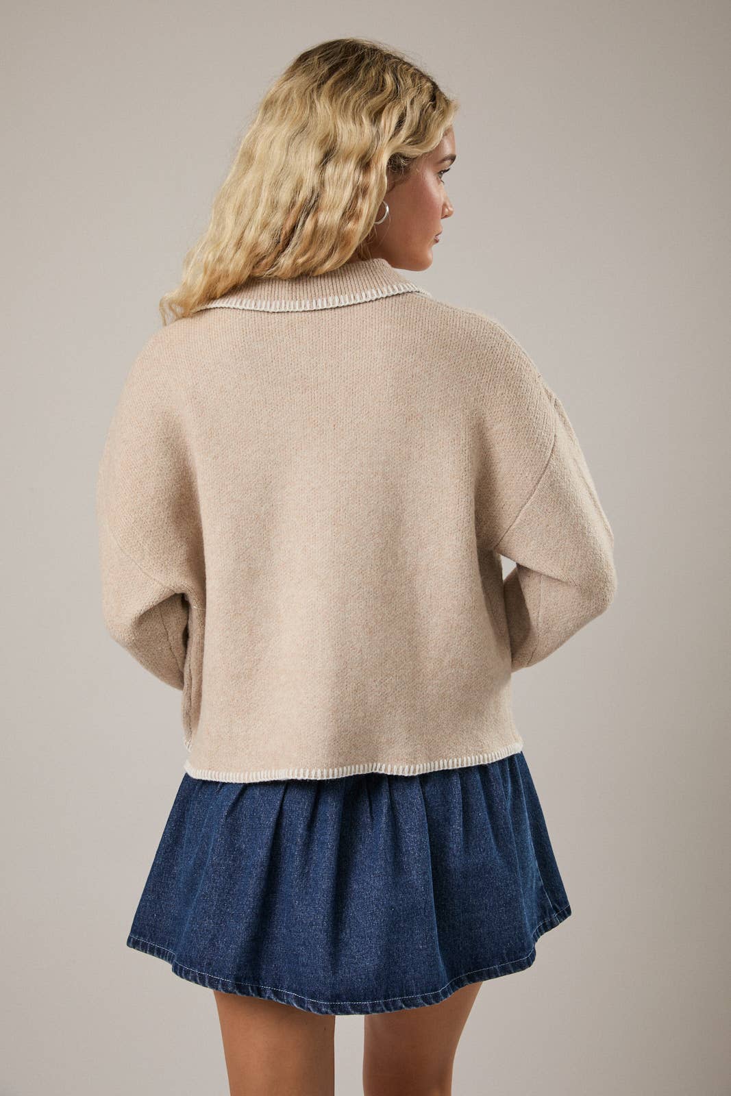 STITCH DETAIL COLLARED SWEATER CARDIGAN