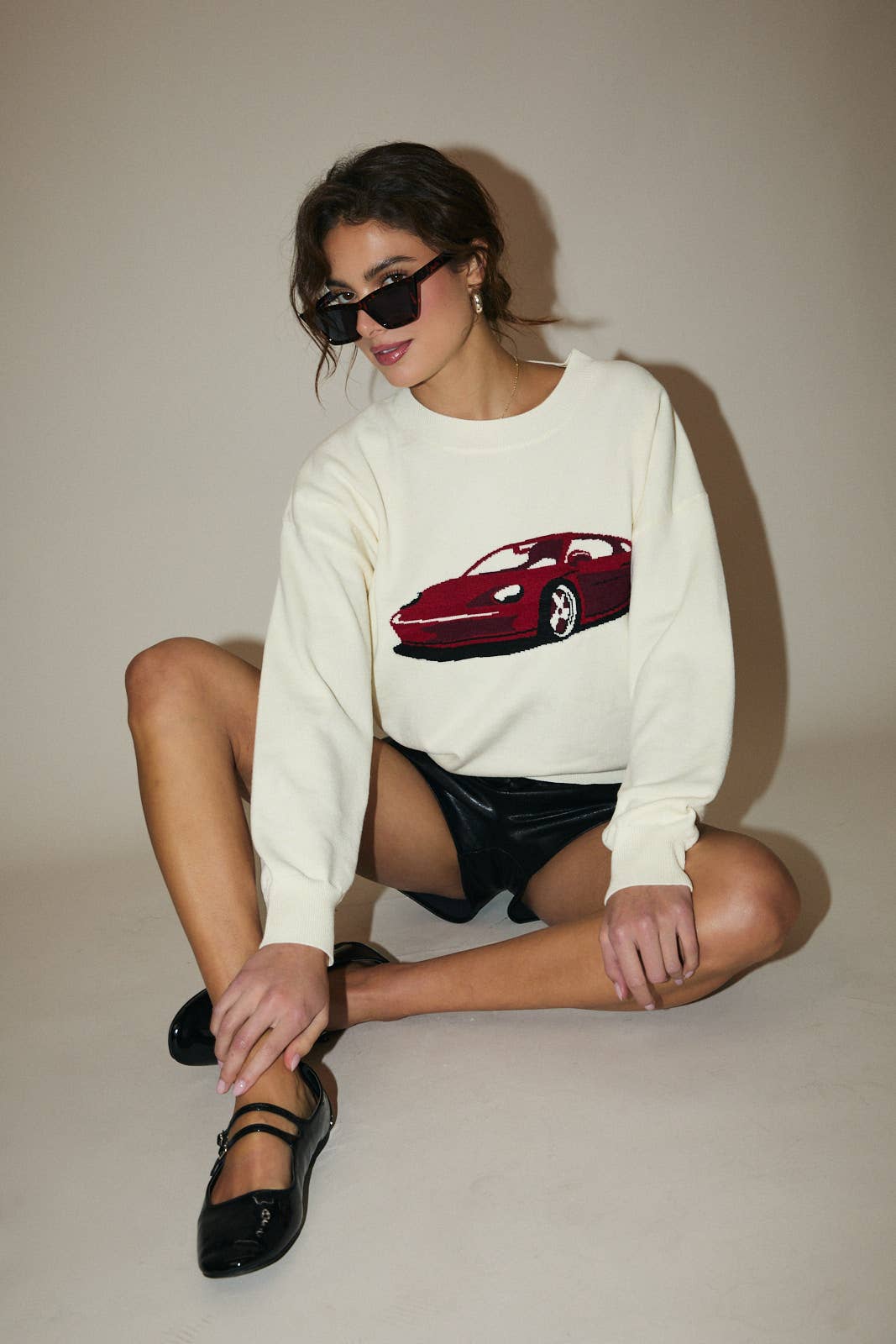 ROUND NECK LONG SLEEVE "CAR" GRAPHIC SWEATER