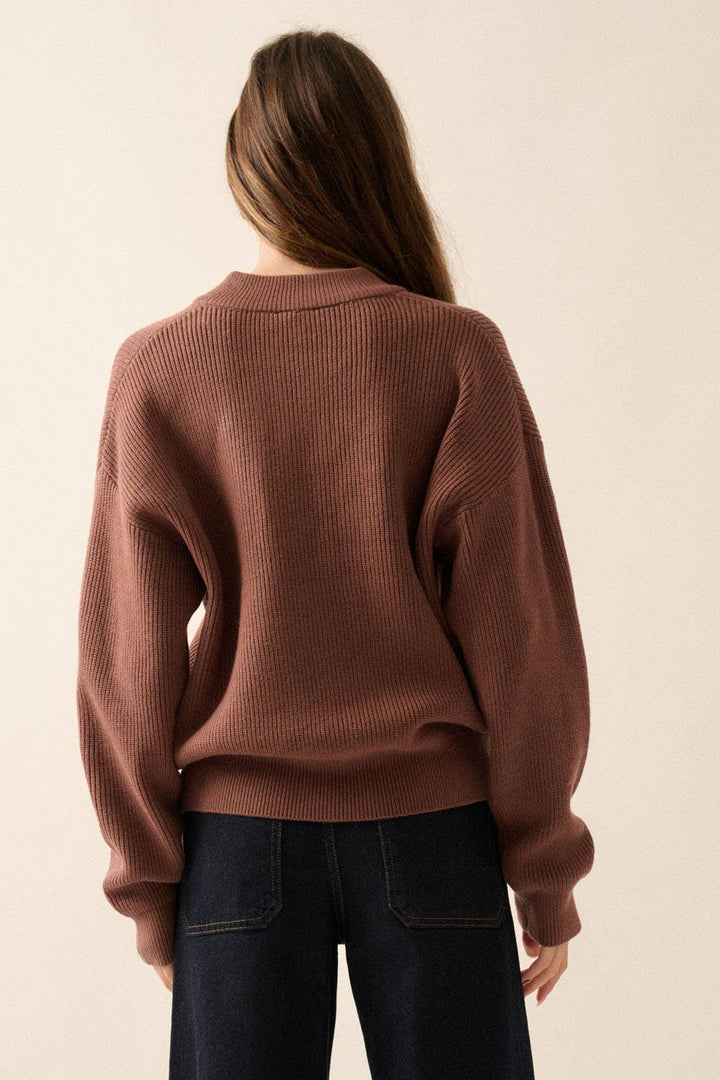 Solid Rib Knit Low Cut Collar Button Up Sweater: Cocoa