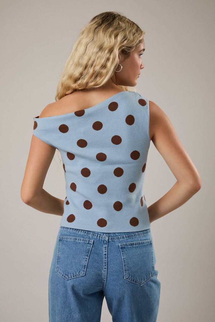 POLKA DOT DETAIL ASYMMETRICAL NECK SWEATER TOP: BLACK