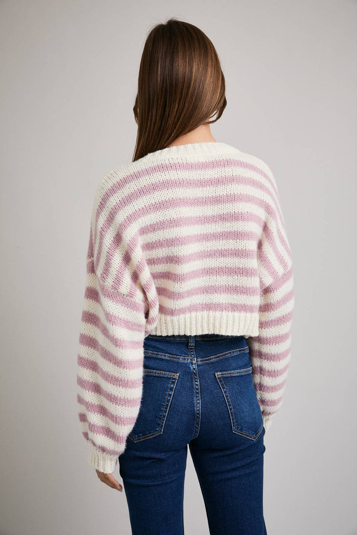 LONG SLEEVE V-NECK STRIPED CROPPED SWEATER- BUTTER
