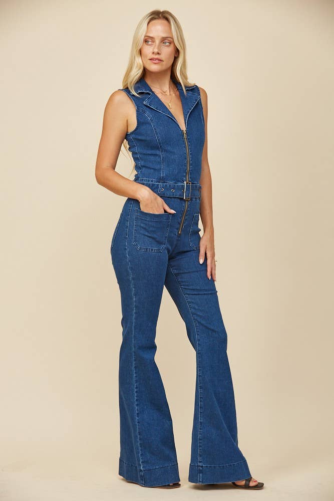 SLEEVELESS LONG DENIM BELTED JUMPSUIT