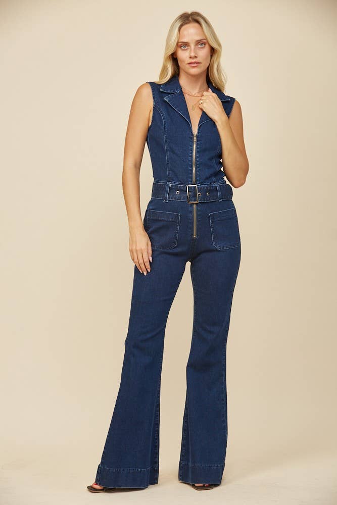 WISTERIA LANE - SLEEVELESS LONG DENIM BELTED JUMPSUIT - 4436 LIGHT DEN (Copy): MID DENIM / M