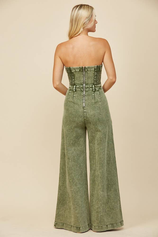 BOHO MINERAL WASH WIDE LEG DENIM JUMPSUIT