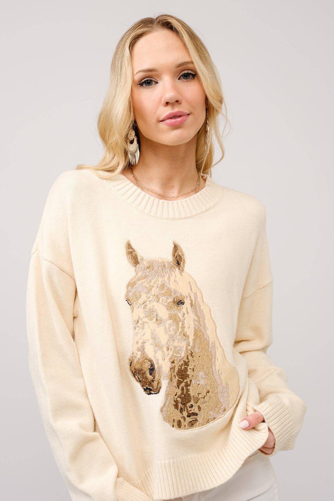 Embroidered Horse Crew Neck Sweater