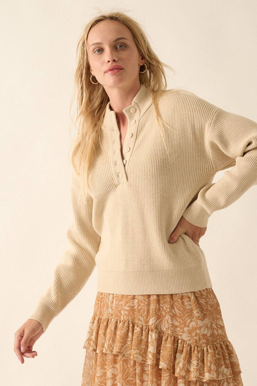 Solid Rib Knit Low Cut Collar Button Up Sweater: Cocoa