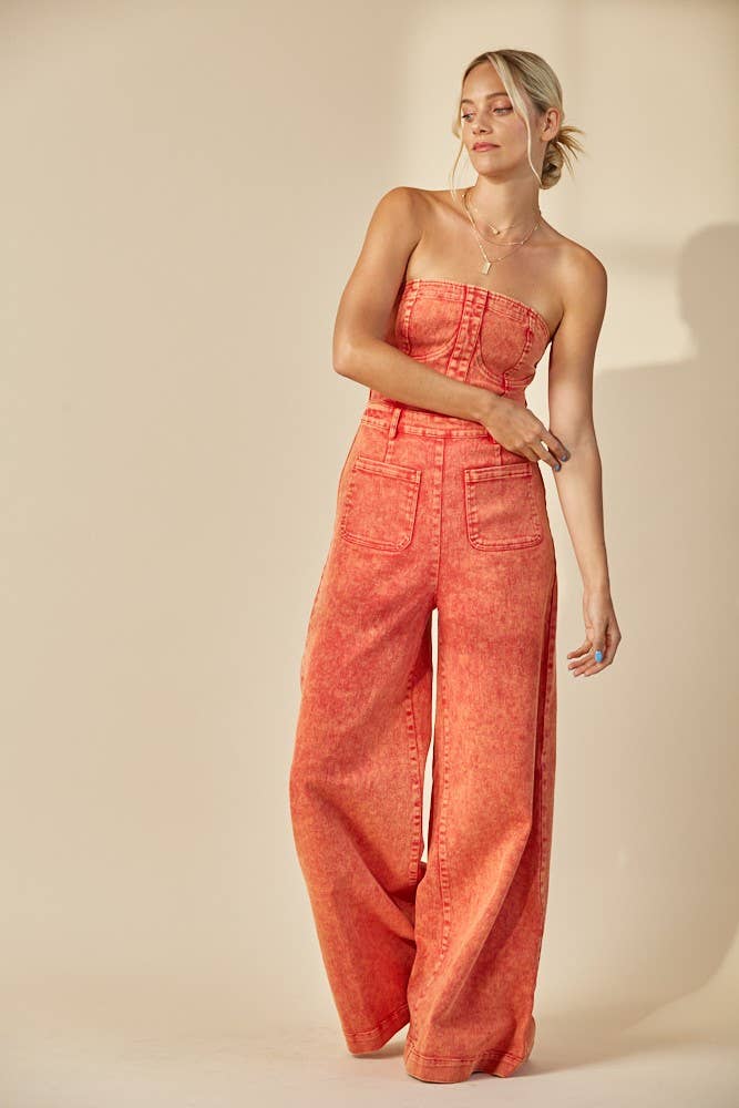 BOHO MINERAL WASH WIDE LEG DENIM JUMPSUIT