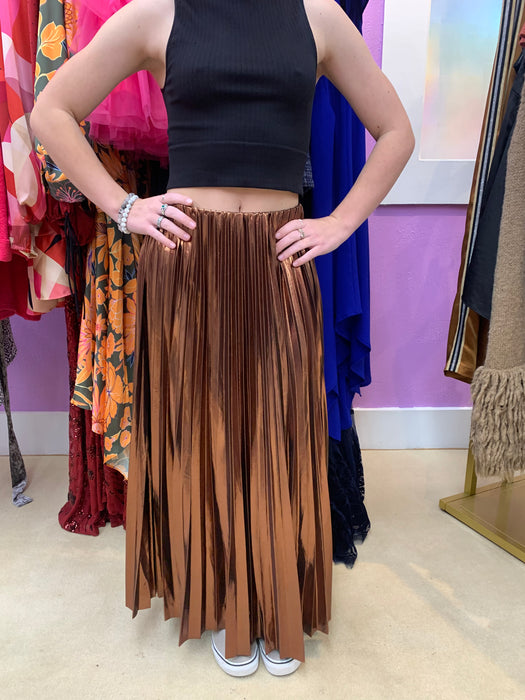 Alessandra Brown Metallic Lame Midi Skirt