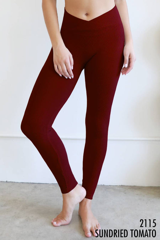 Ribbed Crossover Waistband Leggings - Sundried Tomato