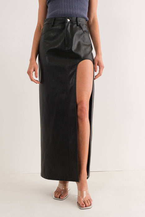 Pretty Garbage - PSS803 HIGH SLIT FAUX LEATHER MAXI SKIRT