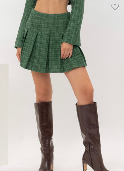 Green tweed pleated mini skirt