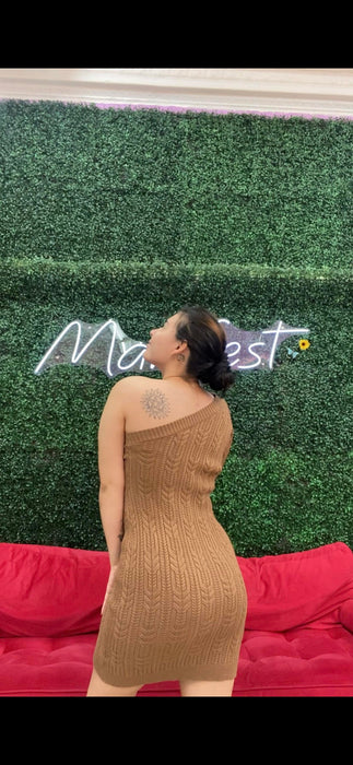 One Shoulder Puff Sleeve Sweater Dress